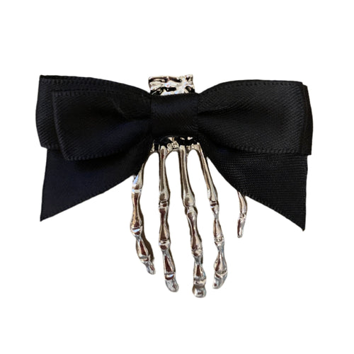 Skeleton Hand Bow Hair Clip | Spooky Halloween Gothic Barrette in Silver and Black