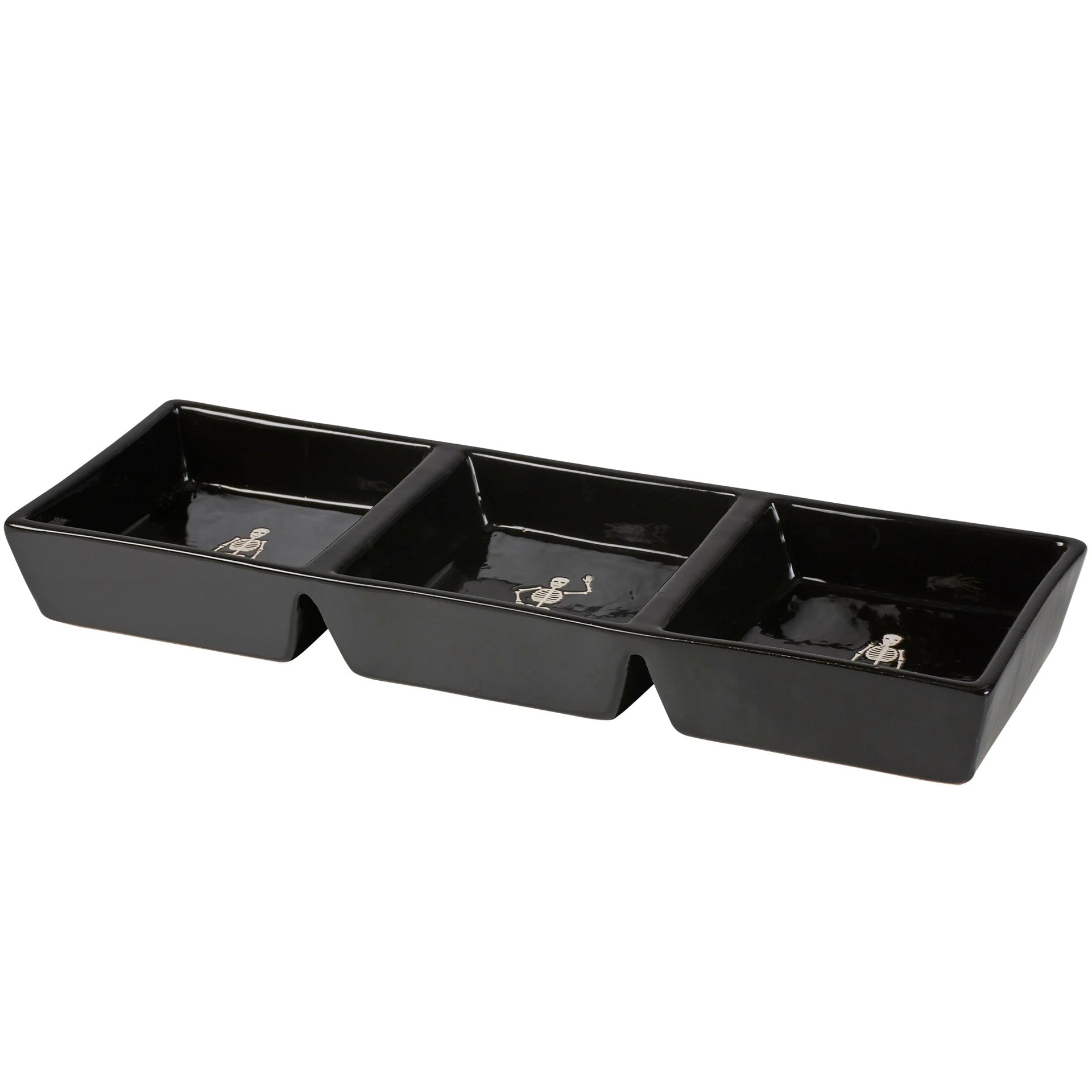 Black three-compartment tray on a white background