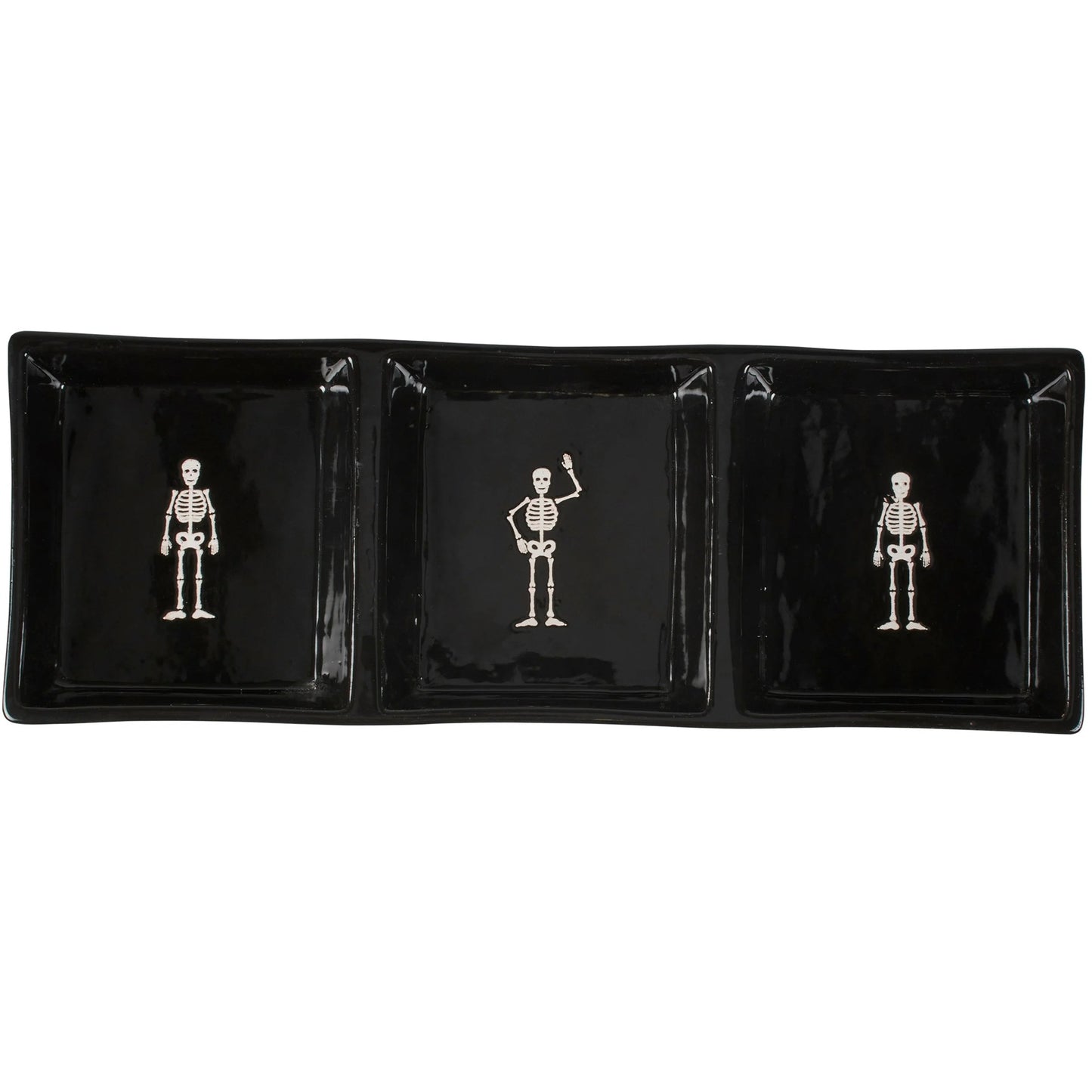 Black tray with white skeleton figures on a white background