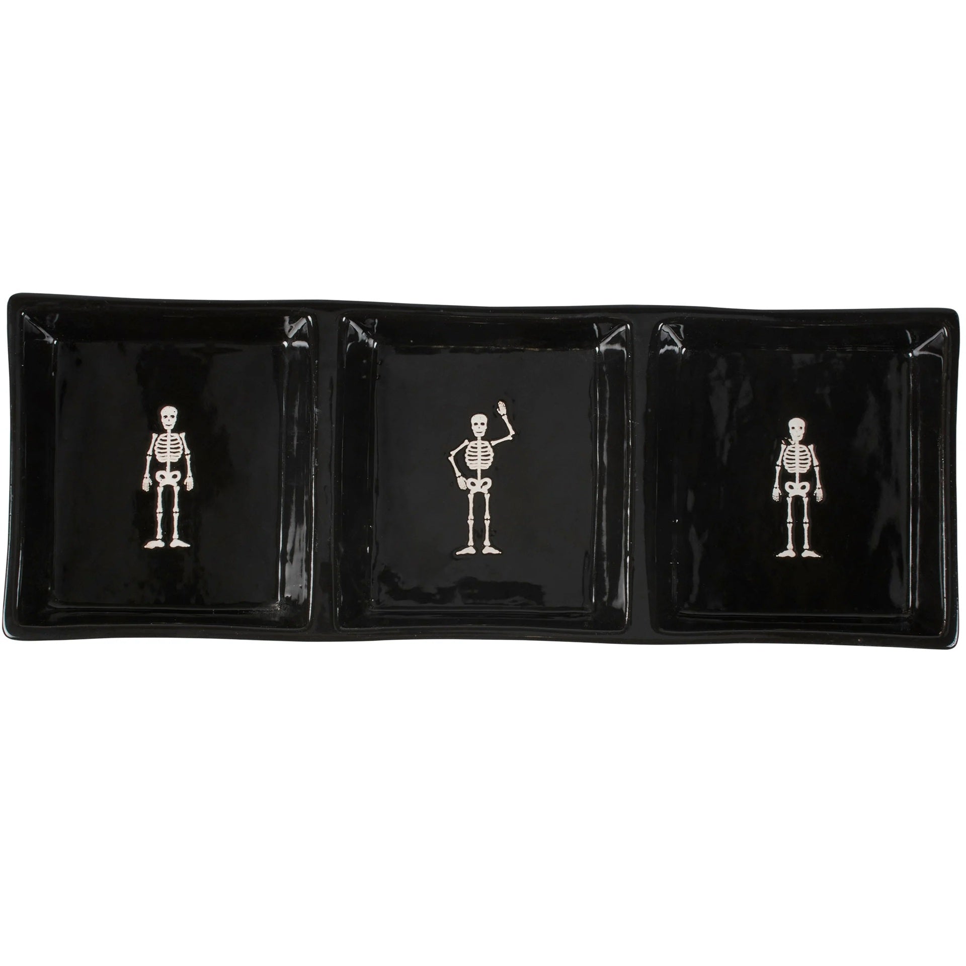 Black tray with white skeleton figures on a white background