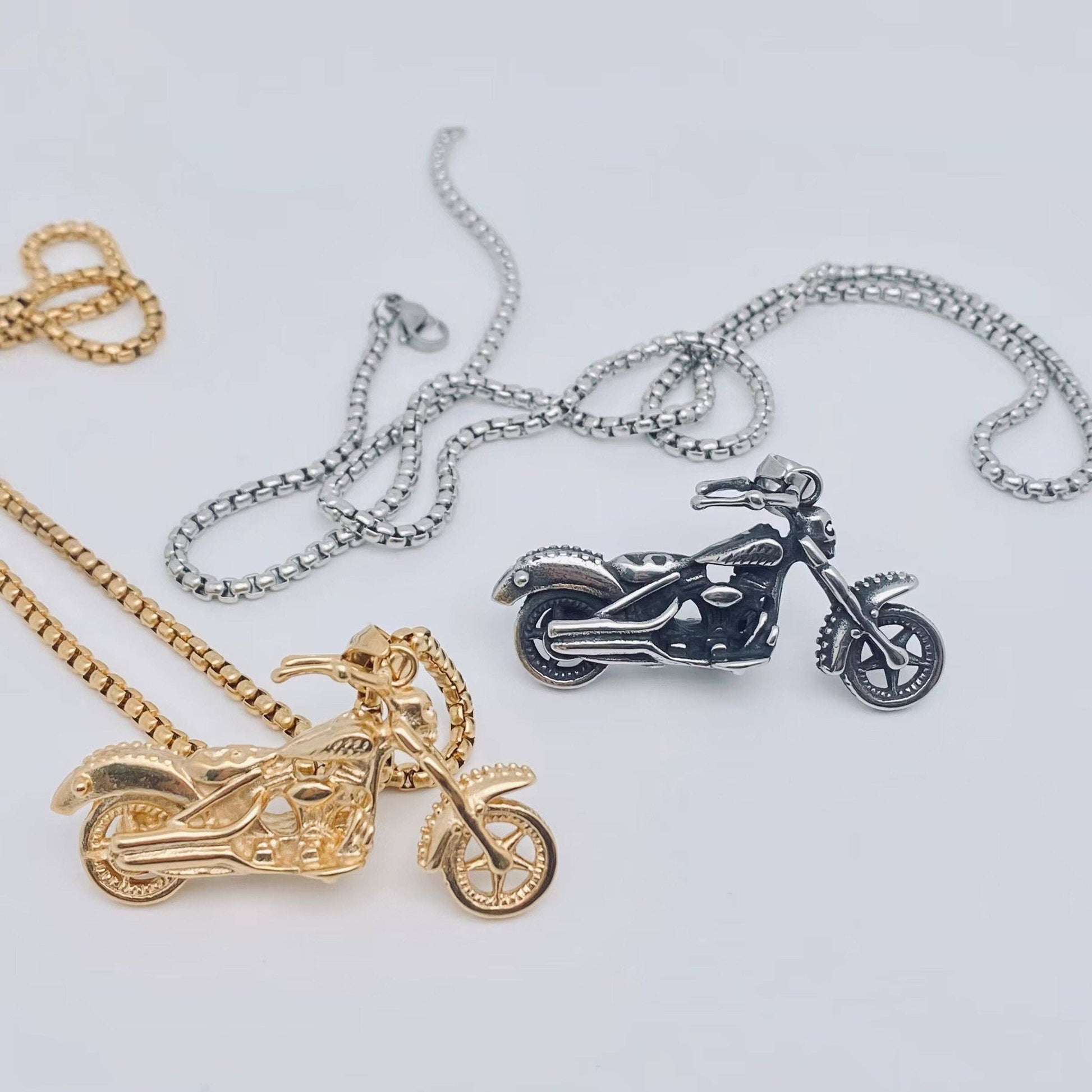 Skull Death Motorcycle Stainless Steel Necklace in Gold