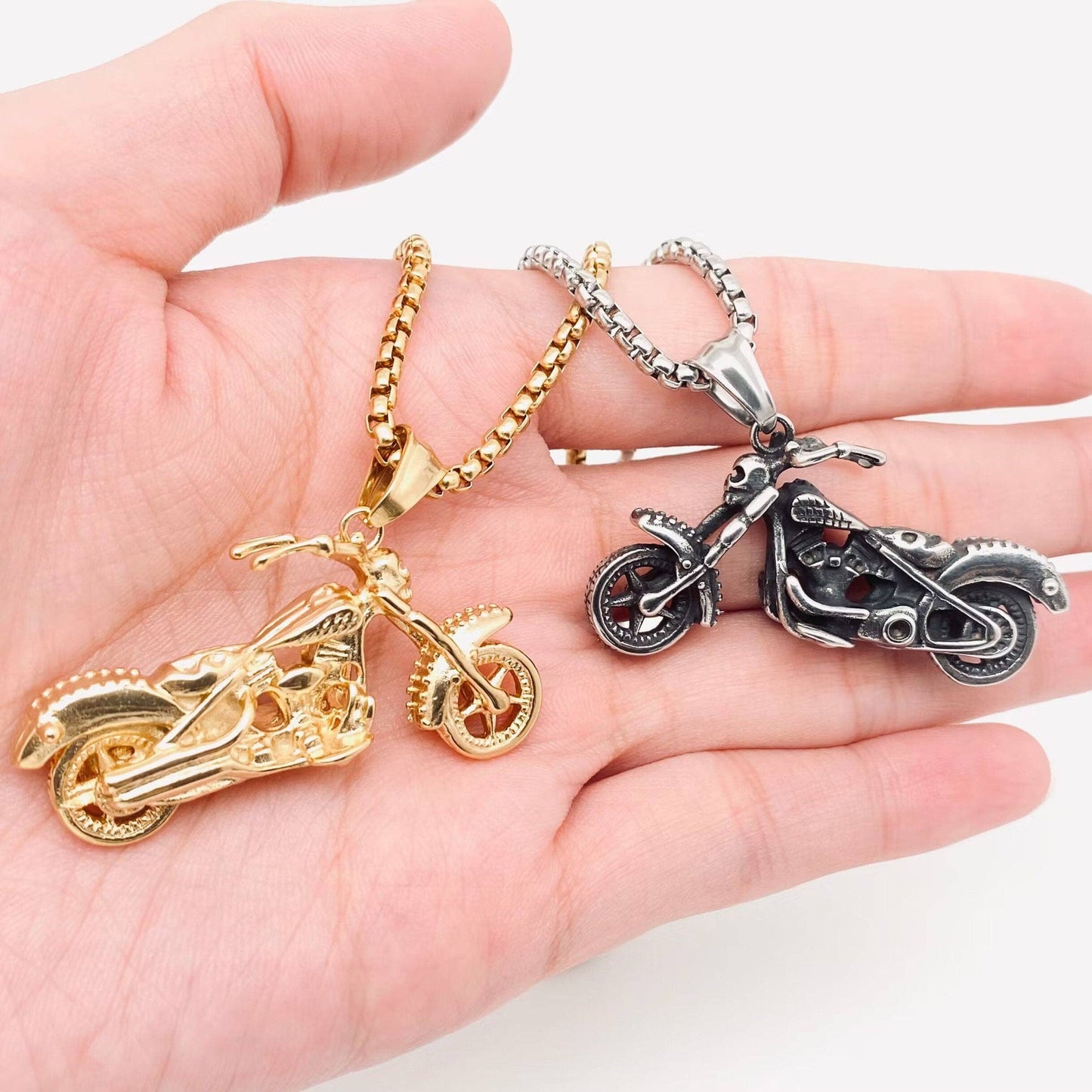 Skull Death Motorcycle Stainless Steel Necklace in Gold