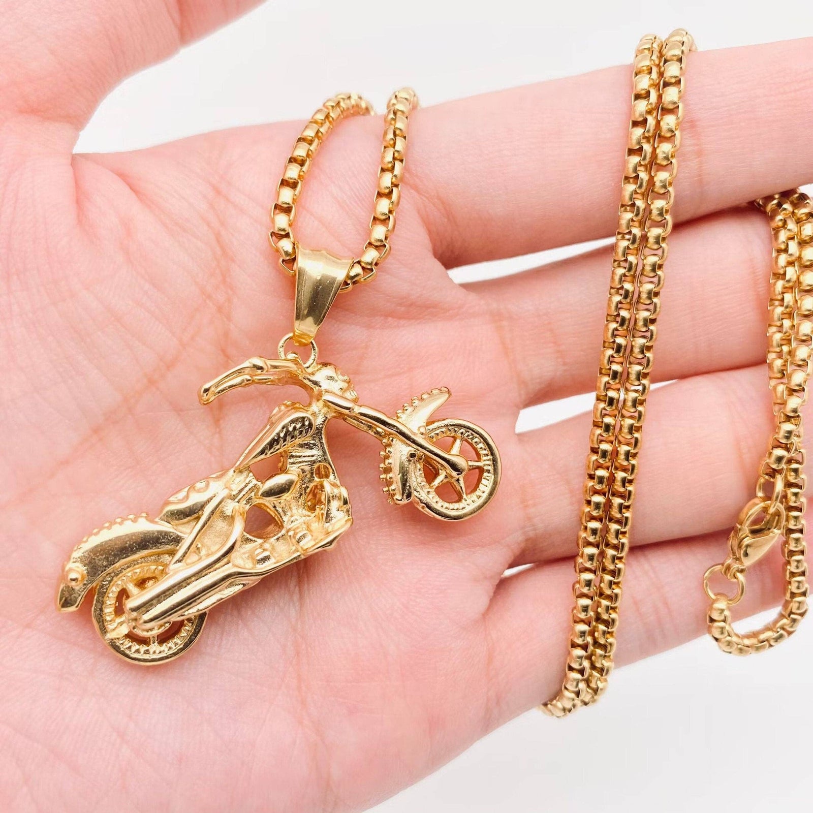 Skull Death Motorcycle Stainless Steel Necklace in Gold