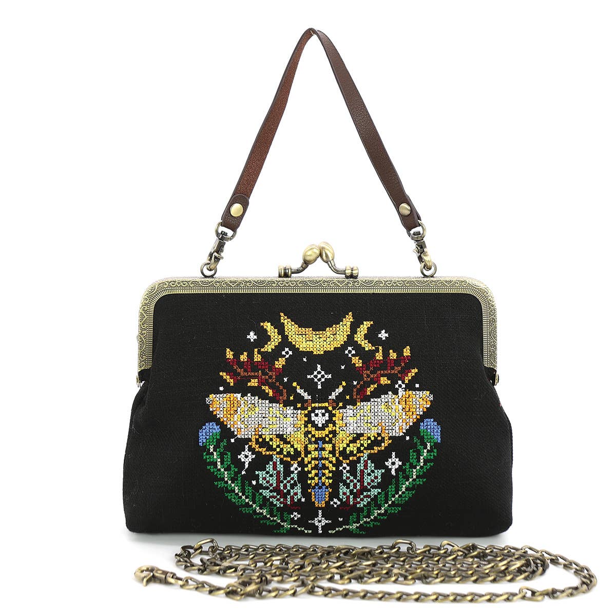 Skull Head Moth Vintage Kisslock Bag | Embroidered Design Handheld Shoulder Bag