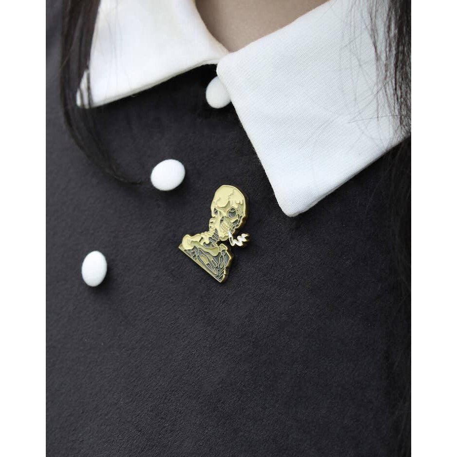 Skull of a Skeleton with Burning Cigarette Enamel Pin | Smoking Skeleton Soft Lapel Pin | 1.2" x 1"