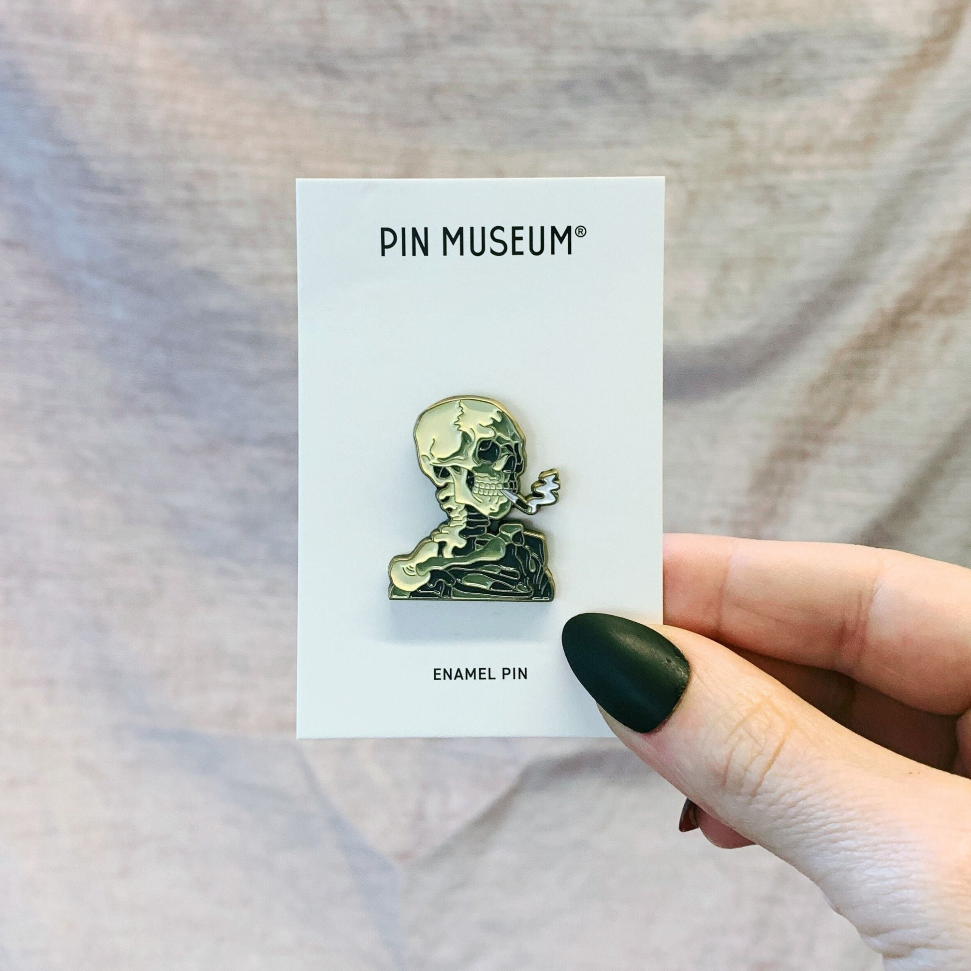 Skull of a Skeleton with Burning Cigarette Enamel Pin | Smoking Skeleton Soft Lapel Pin | 1.2" x 1"