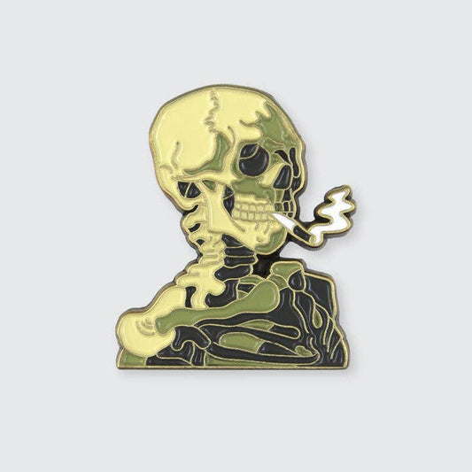 Skull of a Skeleton with Burning Cigarette Enamel Pin | Smoking Skeleton Soft Lapel Pin | 1.2" x 1"