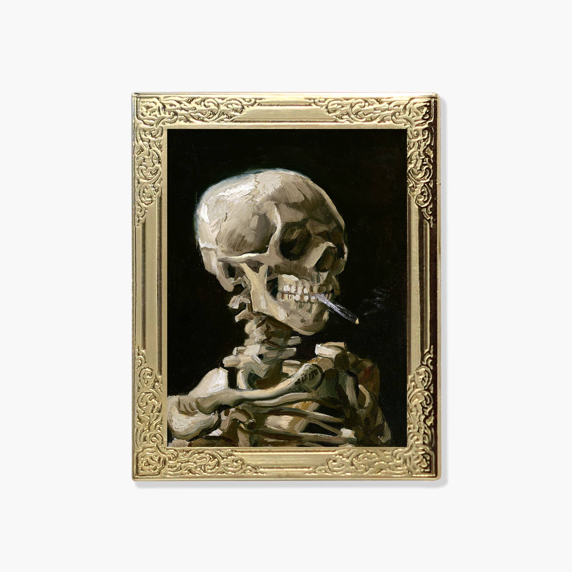 Lapel pin of a framed artwork of a skeleton with a cigarette 