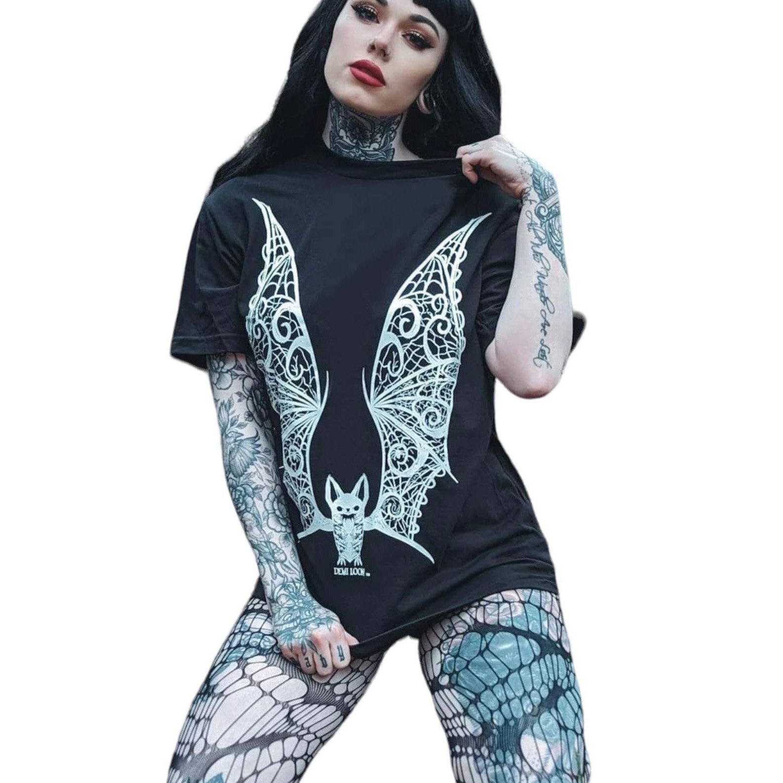 Slashed Vampire Lace Wings Boyfriend Fit Tee in Black [Size M-3X]