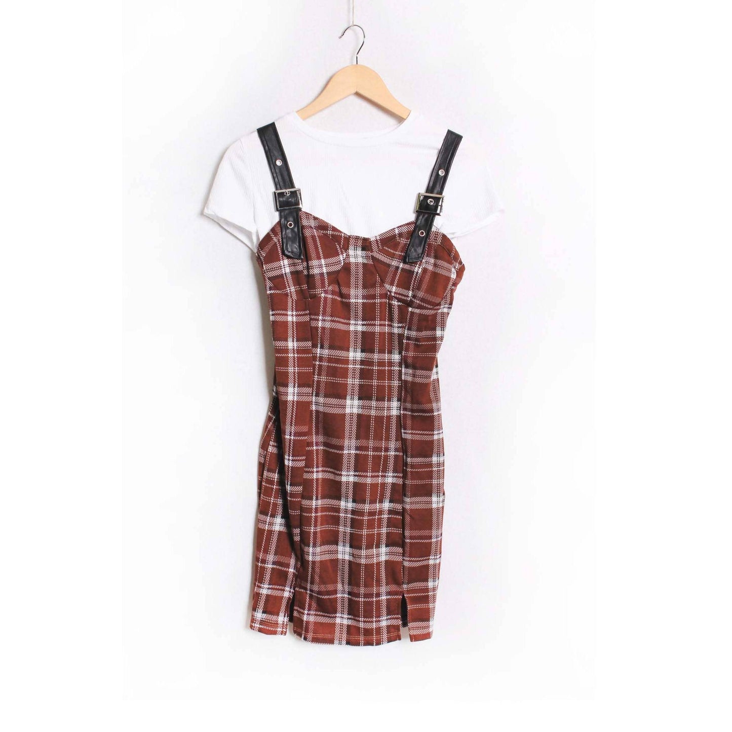 Sleeveless Buckle Strap Plaid Mini Dress | Valley Plaid Brown Check Dress | Cute Fall Outfit for Women (SM–XL)