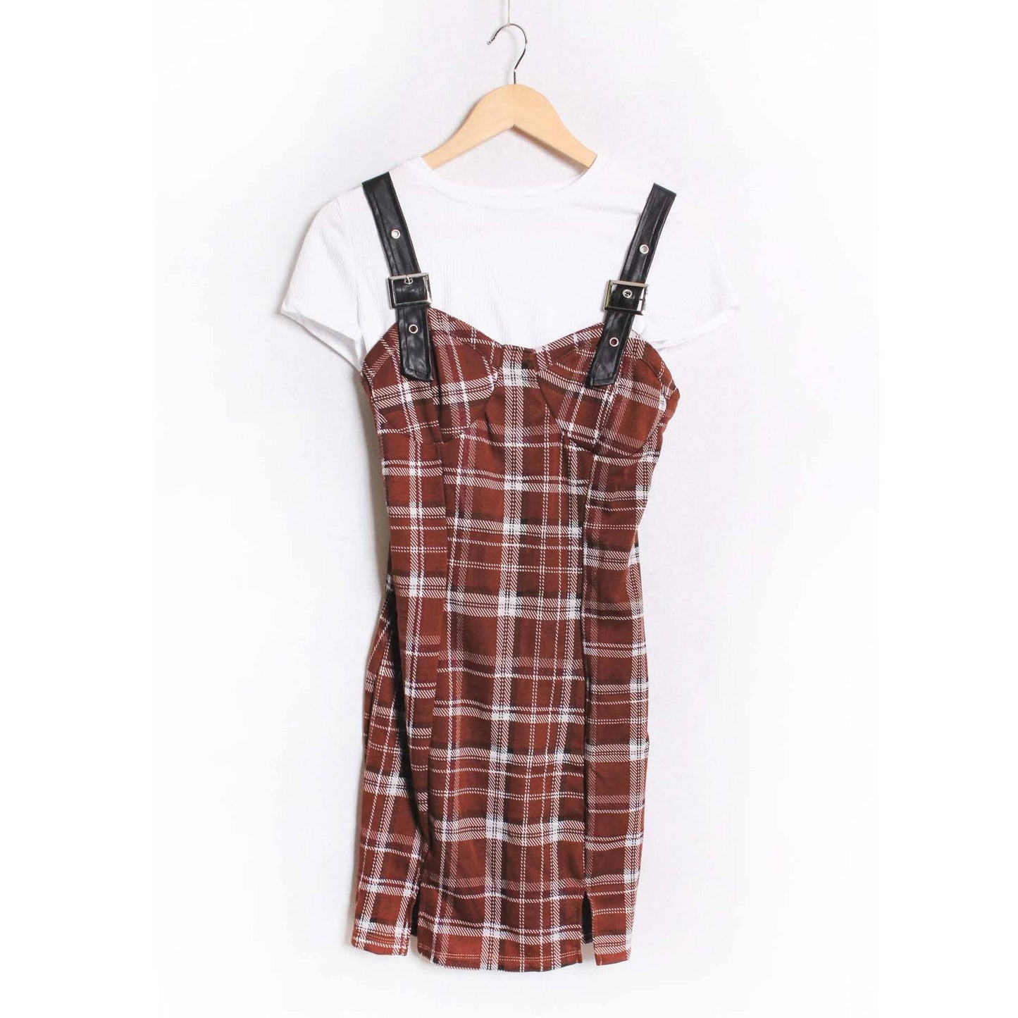 Sleeveless Buckle Strap Plaid Mini Dress | Valley Plaid Brown Check Dress | Cute Fall Outfit for Women (SM–XL)