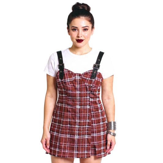 Sleeveless Buckle Strap Plaid Mini Dress | Valley Plaid Brown Check Dress | Cute Fall Outfit for Women (SM–XL)