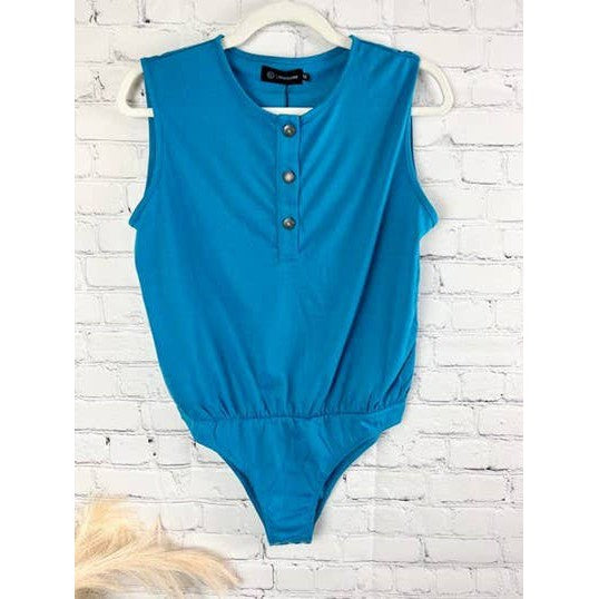 Sleeveless Henley Bodysuit with Embellished Western Buttons