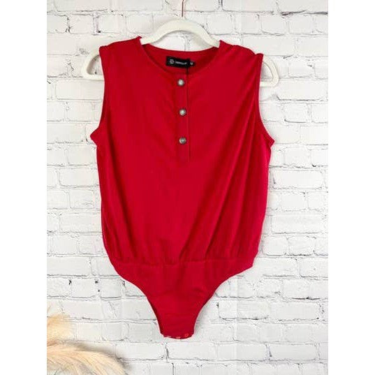 Sleeveless Henley Bodysuit with Embellished Western Buttons