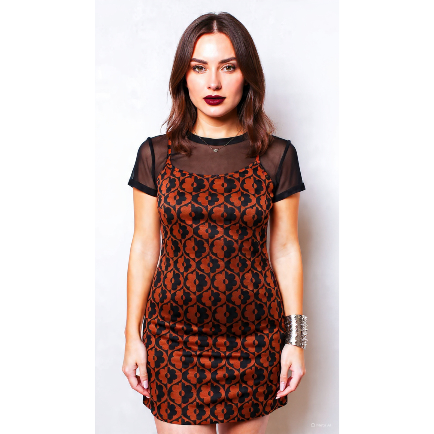 Sleeveless Printed Dress with Mesh Top | Retro Floral Mini Dress in Cappuccino | Trendy Women’s Outfit (SM–XL)