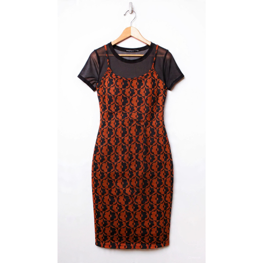 Sleeveless Printed Dress with Mesh Top | Retro Floral Mini Dress in Cappuccino | Trendy Women’s Outfit (SM–XL)