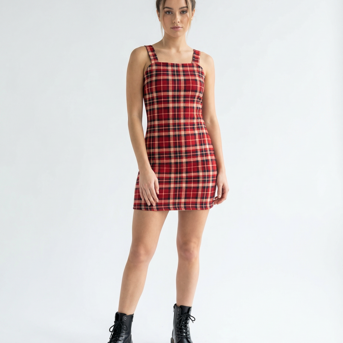 Sleeveless Strappy Plaid Mini Dress in Pomegranate | Red Check Mini Dress | Trendy Women’s Dress (SM–XL)
