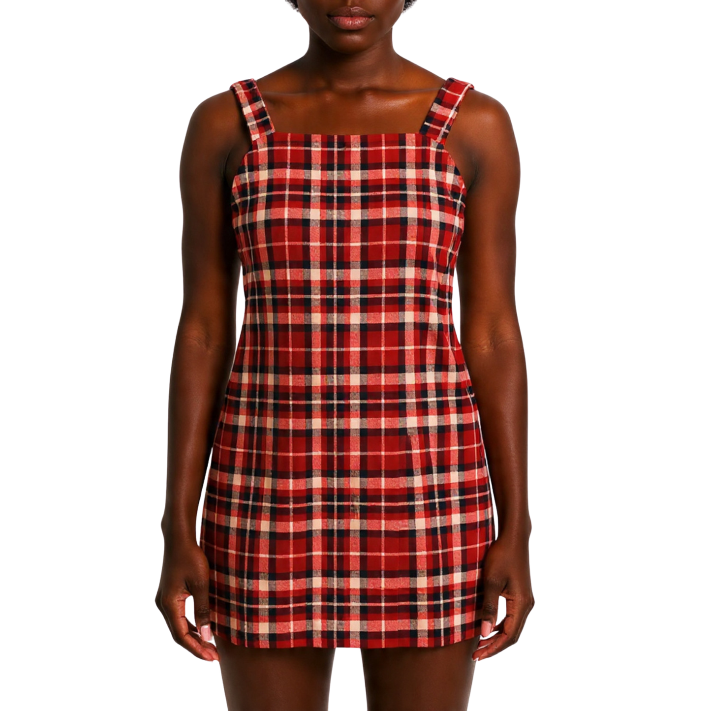 Sleeveless Strappy Plaid Mini Dress in Pomegranate | Red Check Mini Dress | Trendy Women’s Dress (SM–XL)