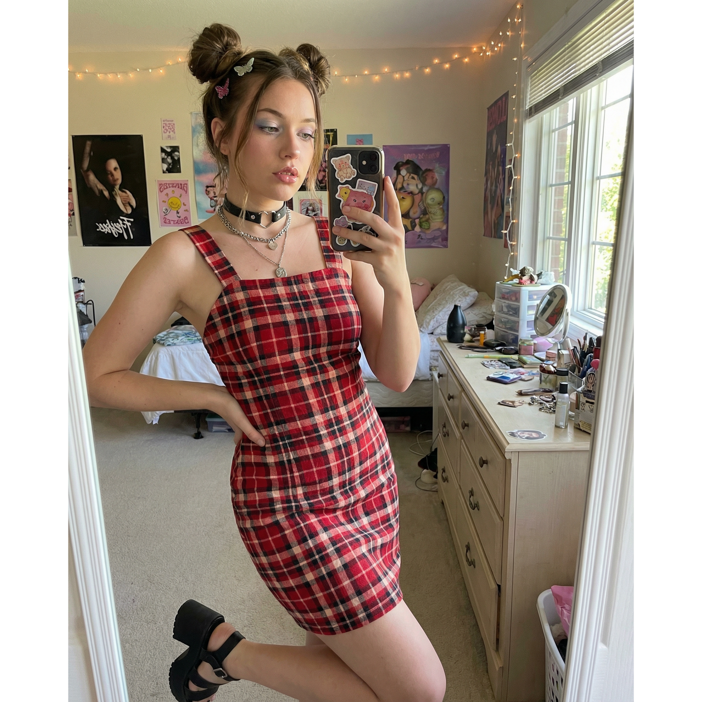 Sleeveless Strappy Plaid Mini Dress in Pomegranate | Red Check Mini Dress | Trendy Women’s Dress (SM–XL)