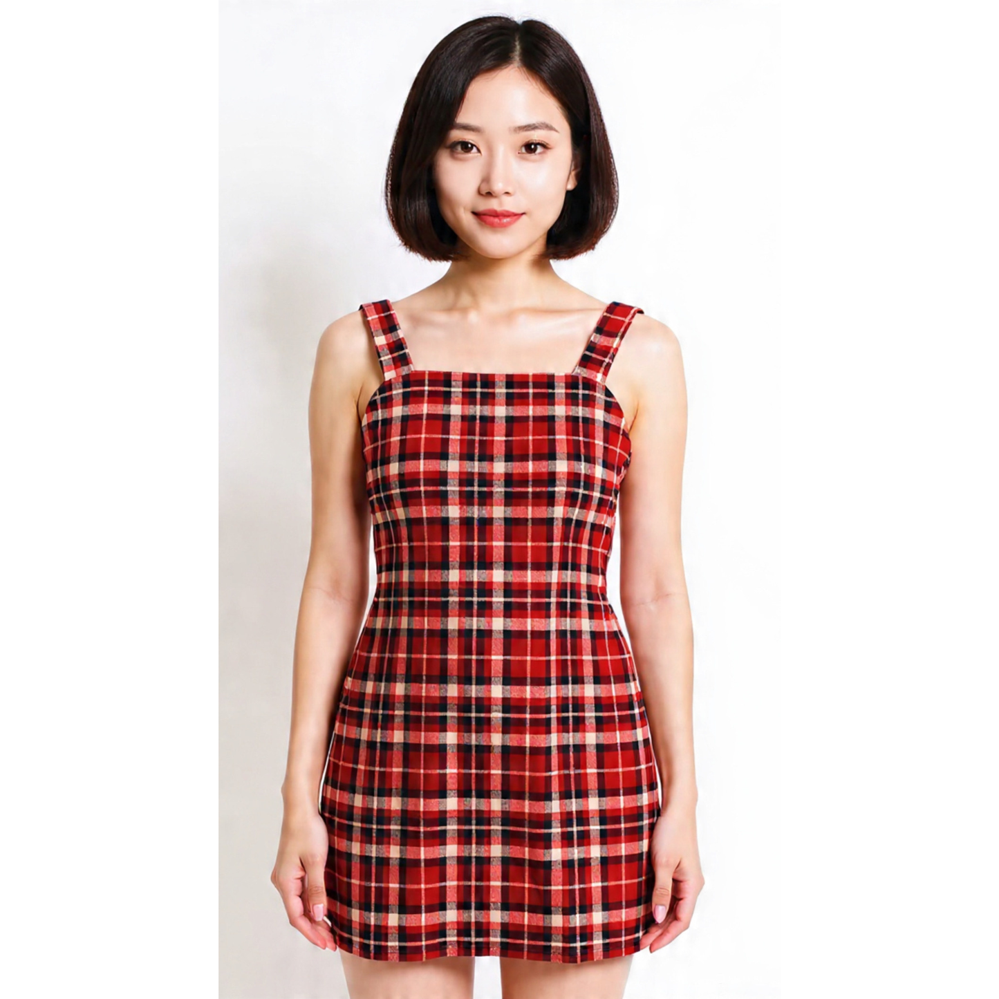 Sleeveless Strappy Plaid Mini Dress in Pomegranate | Red Check Mini Dress | Trendy Women’s Dress (SM–XL)