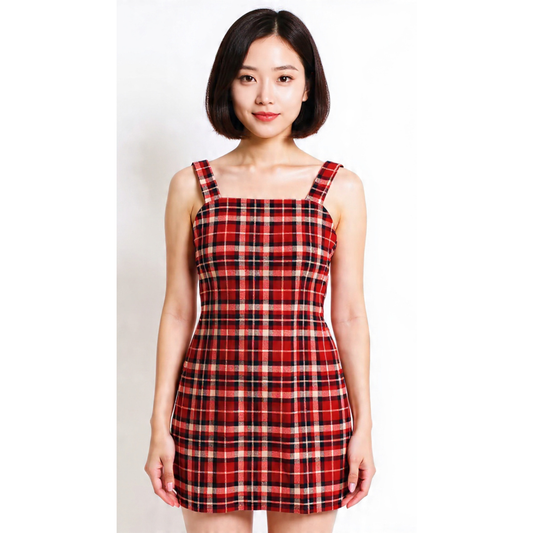 Sleeveless Strappy Plaid Mini Dress in Pomegranate | Red Check Mini Dress | Trendy Women’s Dress (SM–XL)