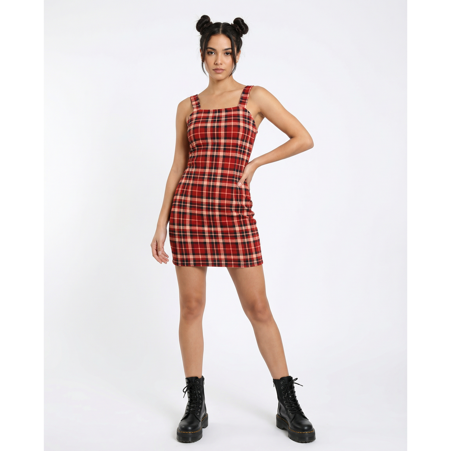 Sleeveless Strappy Plaid Mini Dress in Pomegranate | Red Check Mini Dress | Trendy Women’s Dress (SM–XL)