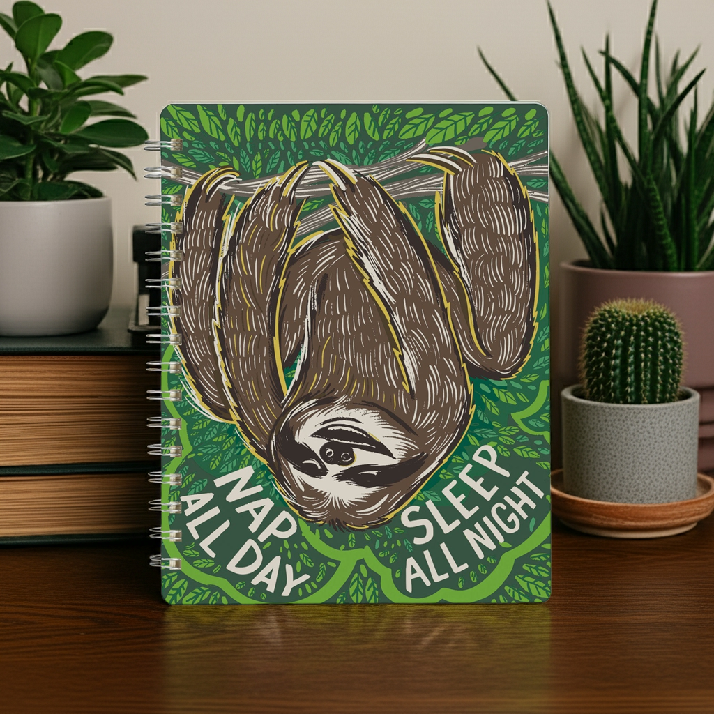 Sloth Nap All Day Sleep All Night Spiral Notebook | 120 Lined Pages | 9" x 7"