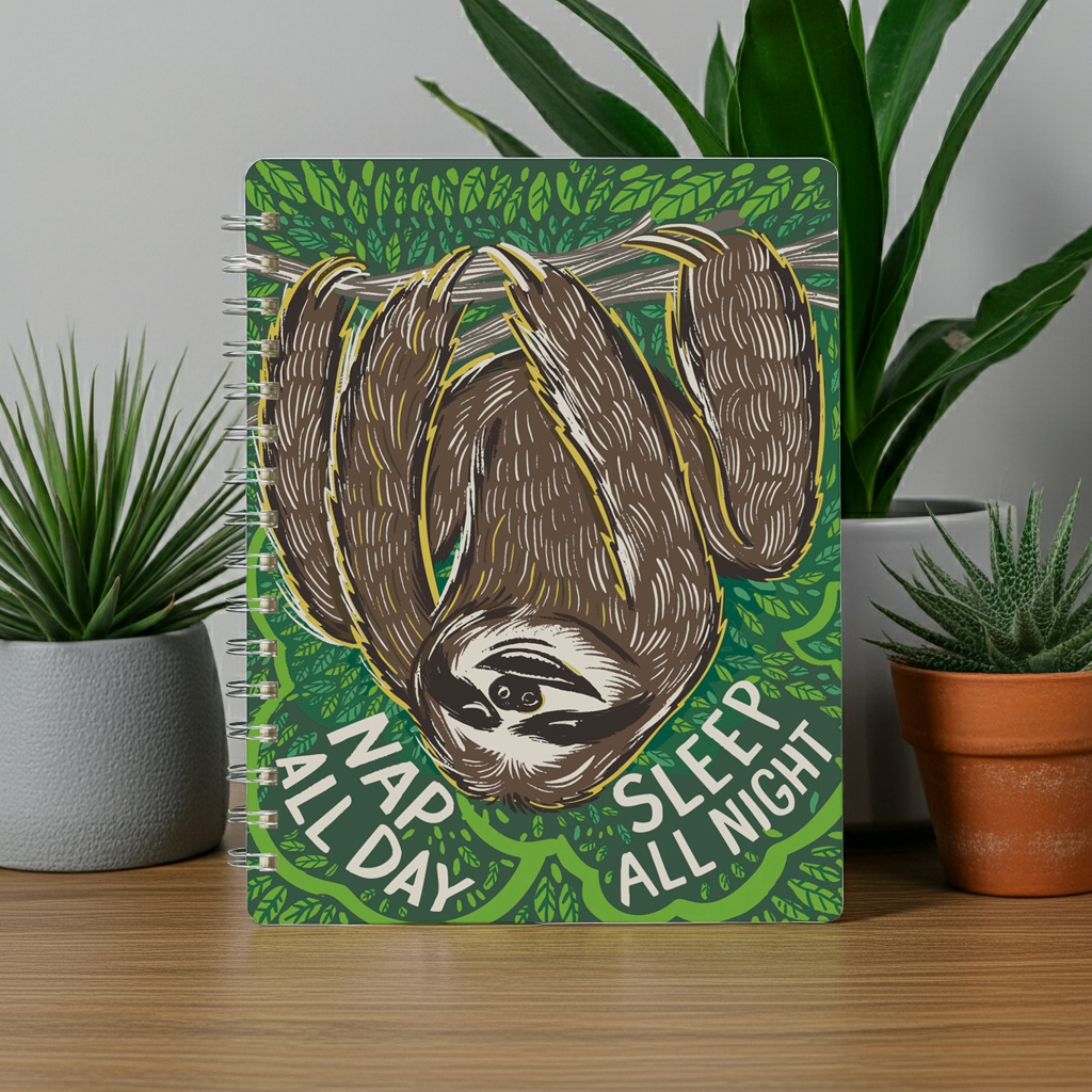 Sloth Nap All Day Sleep All Night Spiral Notebook | 120 Lined Pages | 9" x 7"
