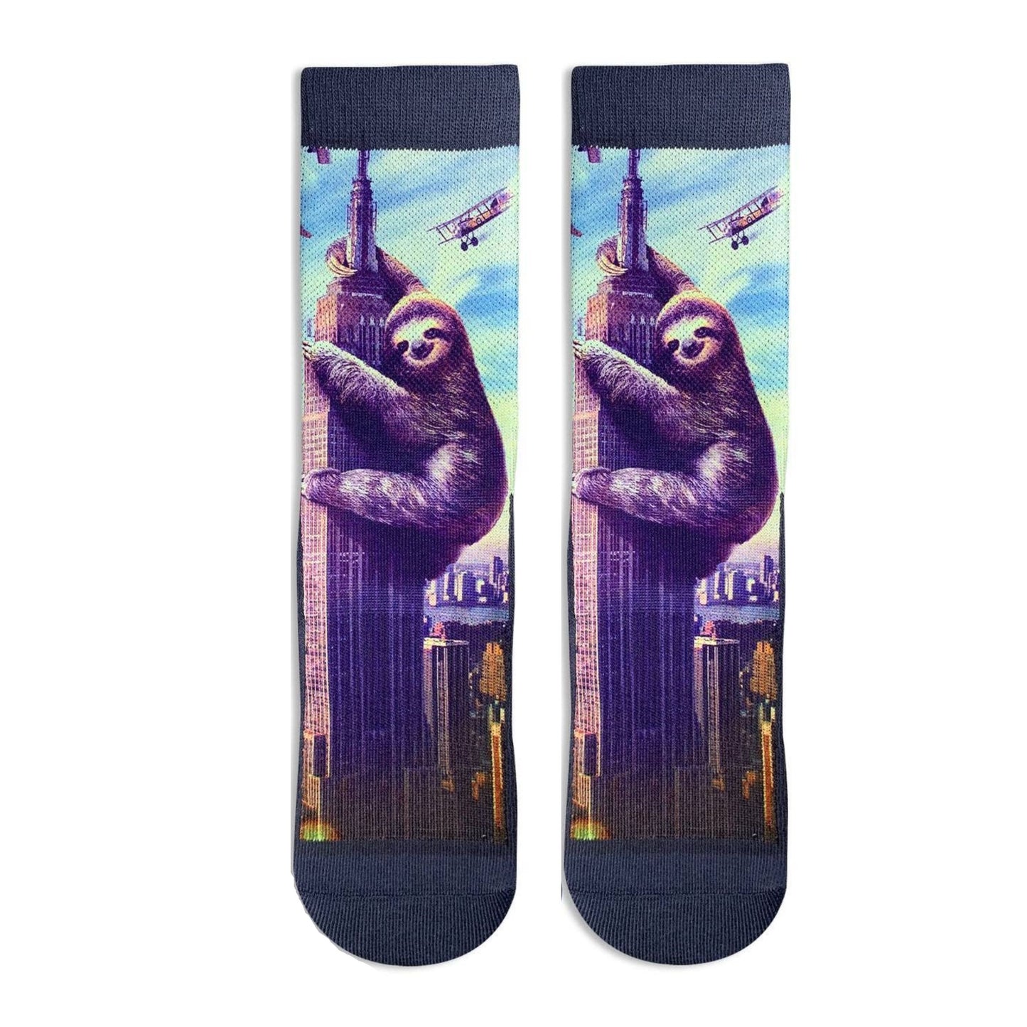 Slothzilla Women's Socks | Fun Giant Sloth City Scene Crew Socks
