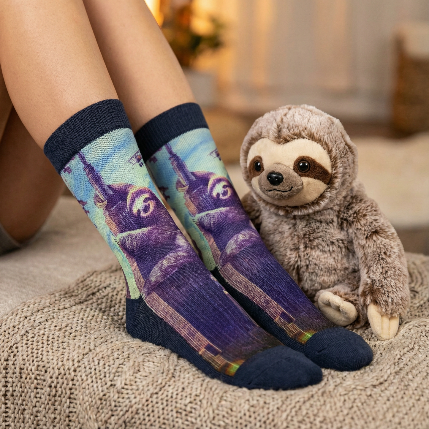 Slothzilla Women's Socks | Fun Giant Sloth City Scene Crew Socks