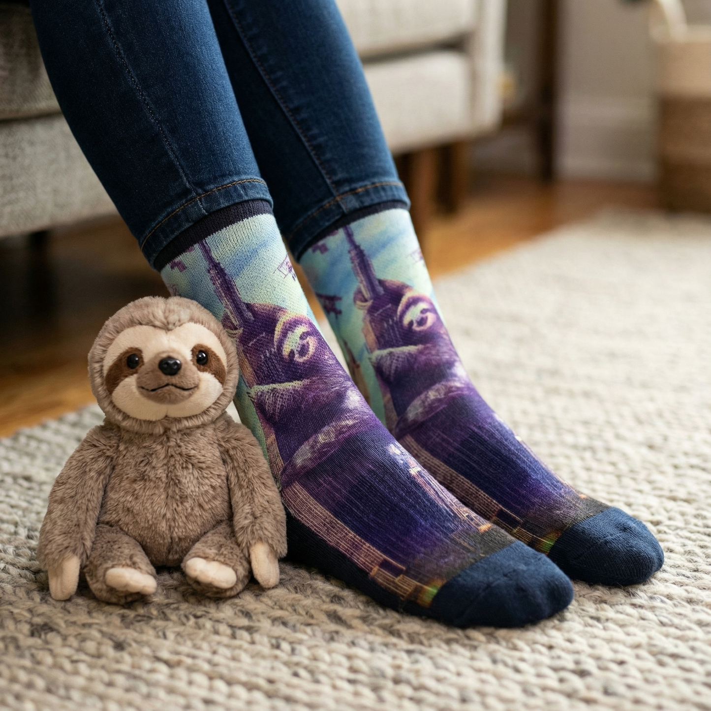 Slothzilla Women's Socks | Fun Giant Sloth City Scene Crew Socks