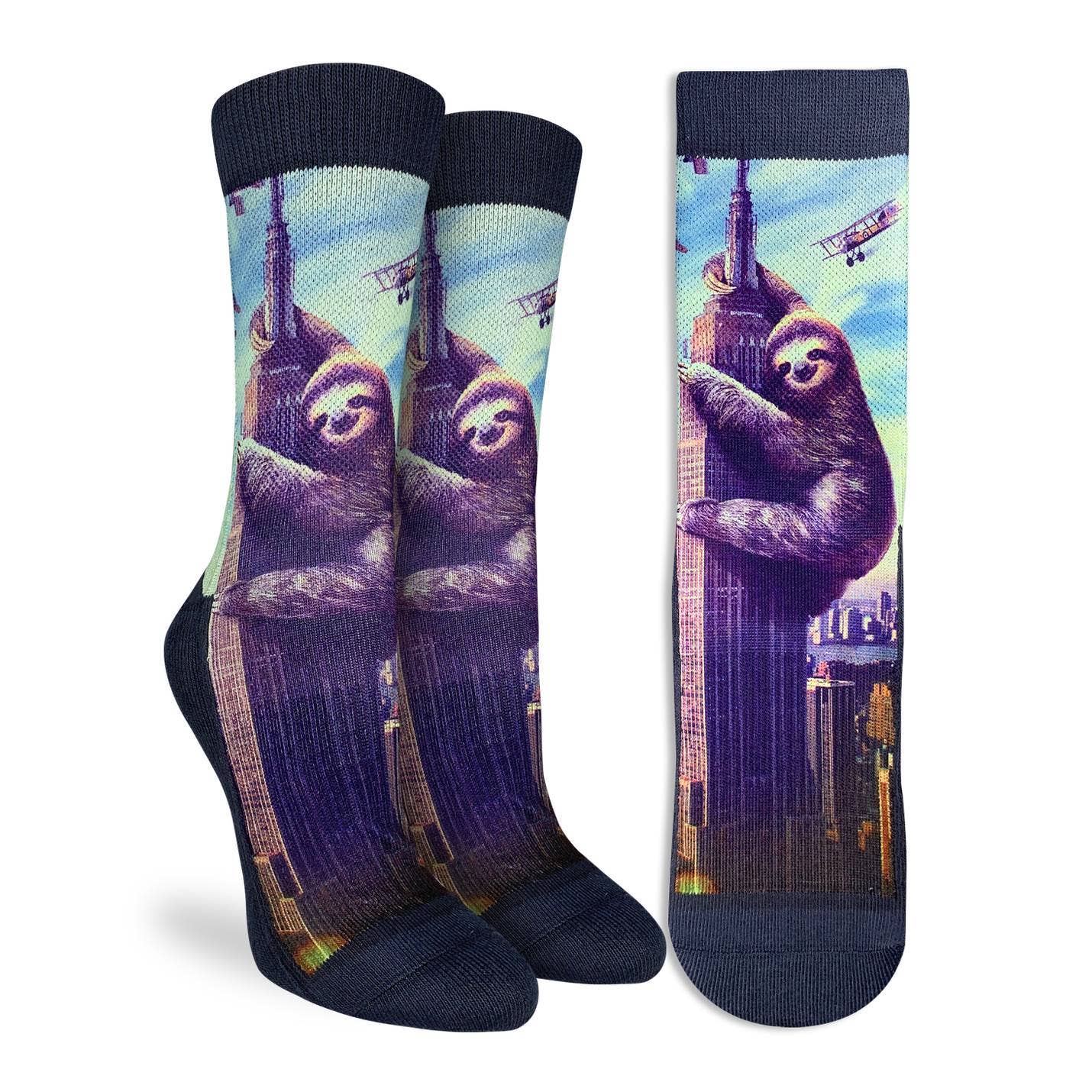 Slothzilla Women's Socks | Fun Giant Sloth City Scene Crew Socks