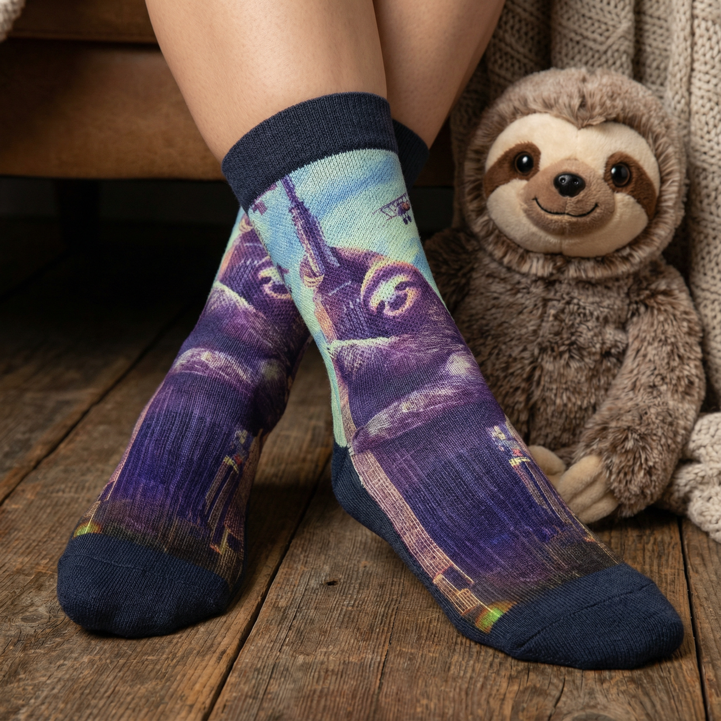 Slothzilla Women's Socks | Fun Giant Sloth City Scene Crew Socks