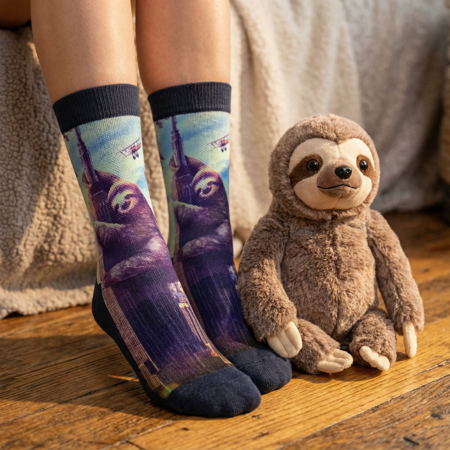 Slothzilla Women's Socks | Fun Giant Sloth City Scene Crew Socks