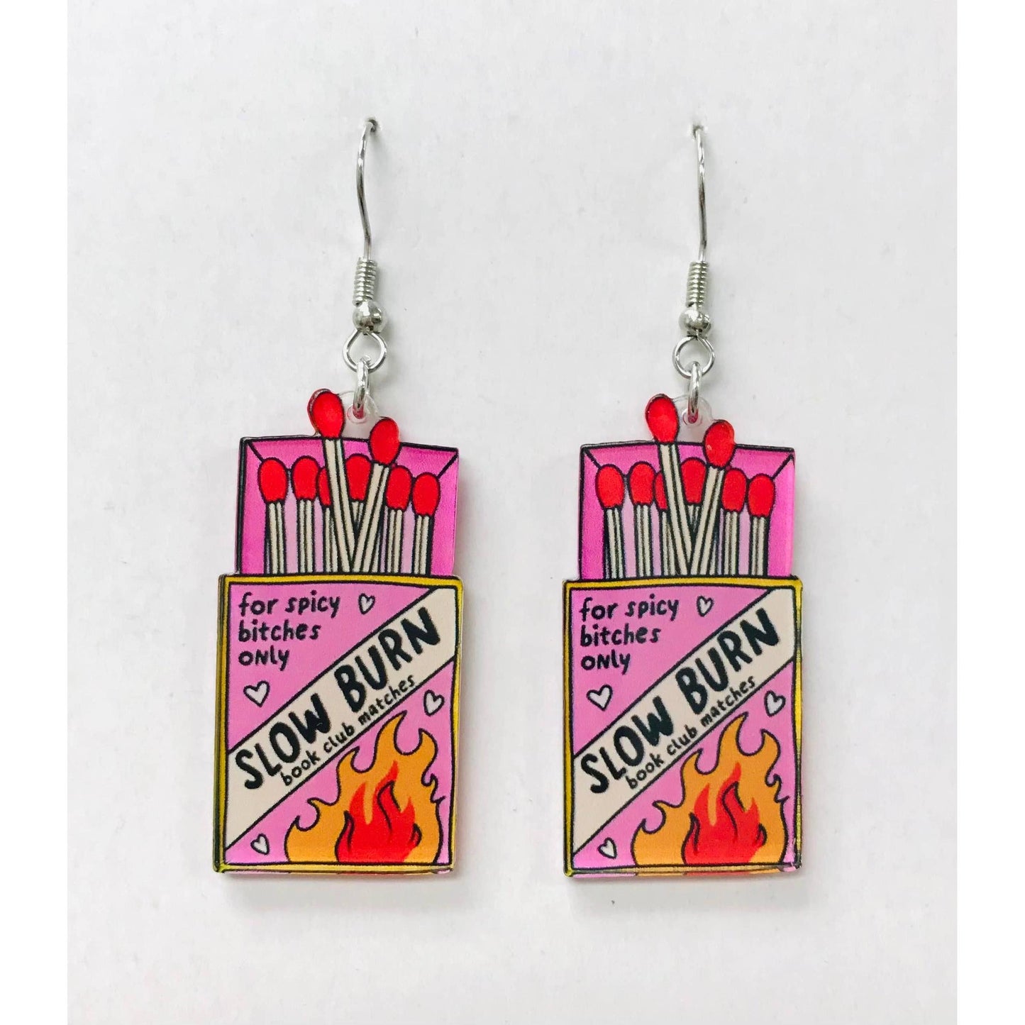 Matchbox-themed earrings with matches inside with Slow Burn Book Club Matches for spicy bitches only text