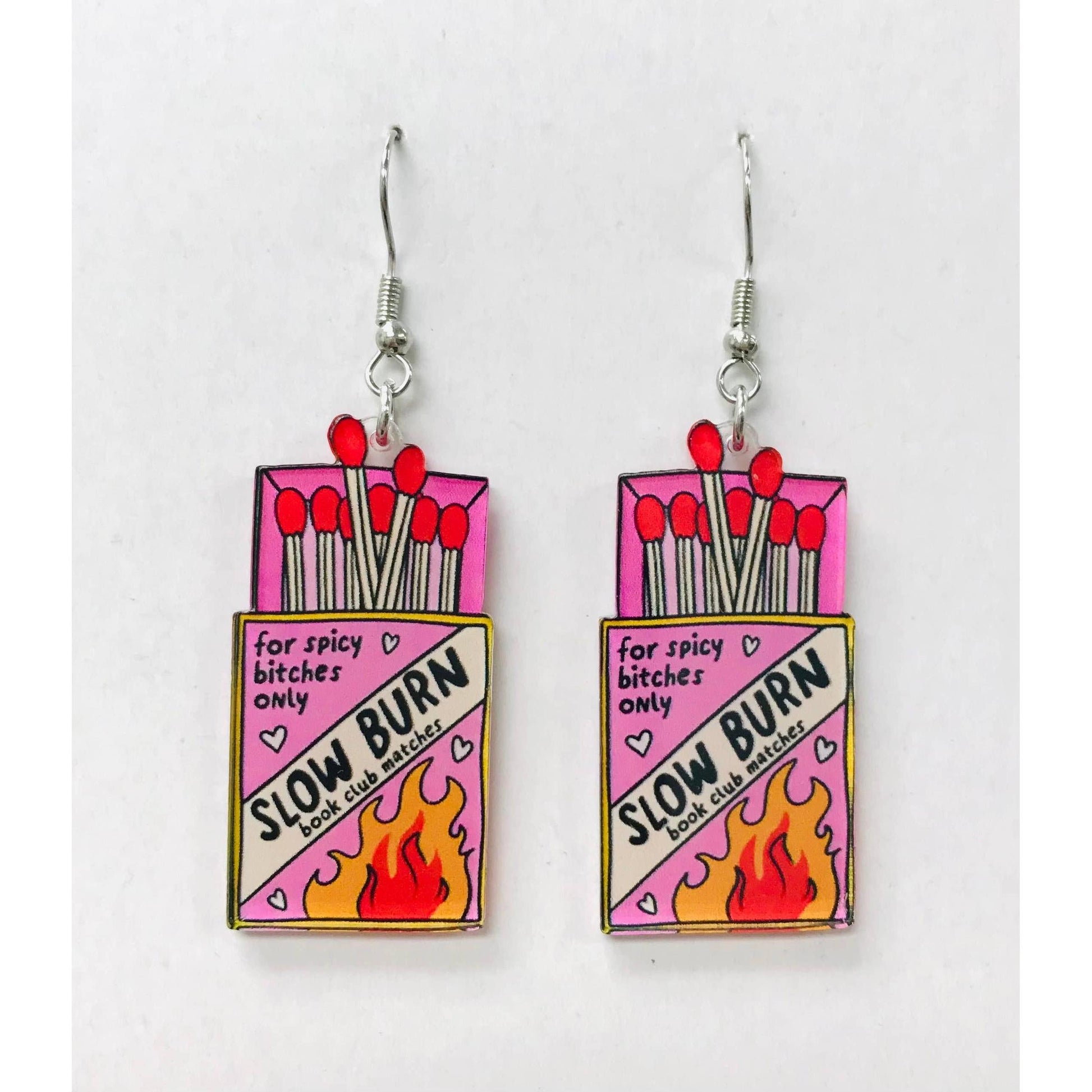 Matchbox-themed earrings with matches inside with Slow Burn Book Club Matches for spicy bitches only text