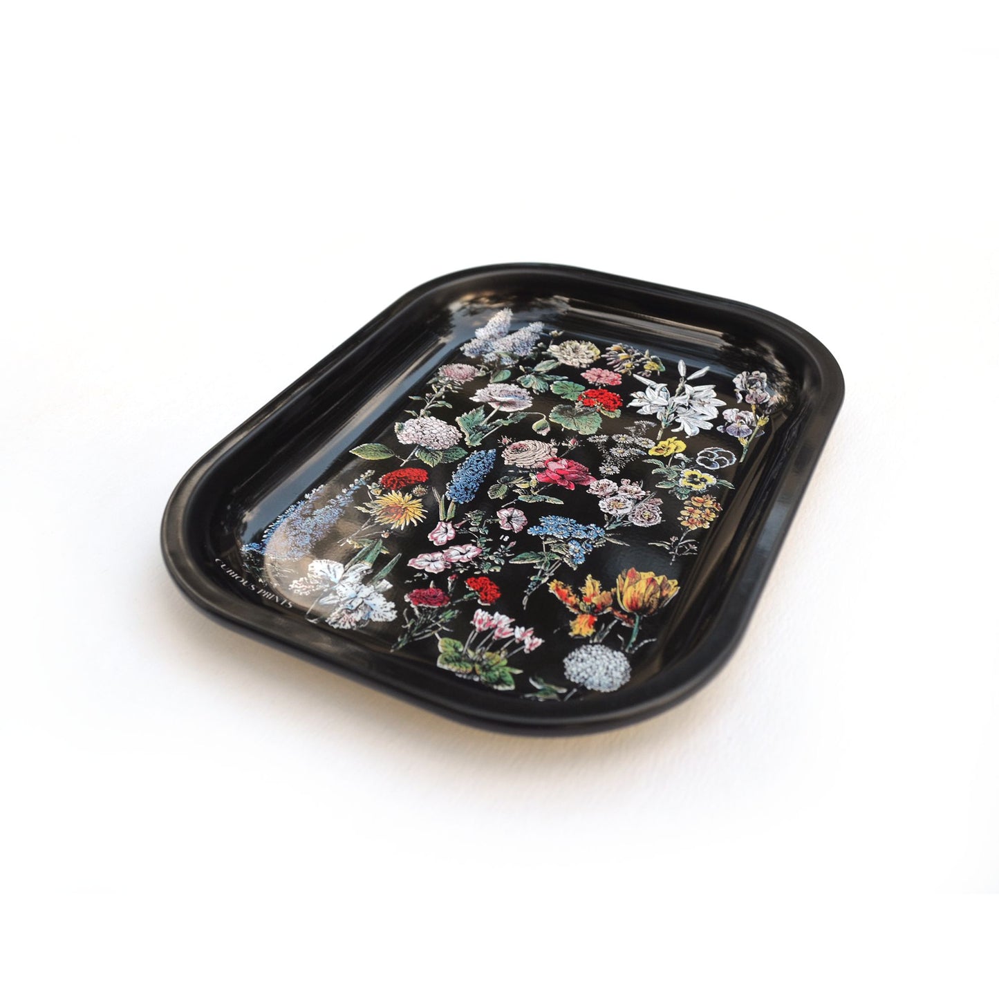 Small Metal Black Fleurs Ritual Tray | Vintage Floral Print Catch-all Rolling Tray | 5"x7"