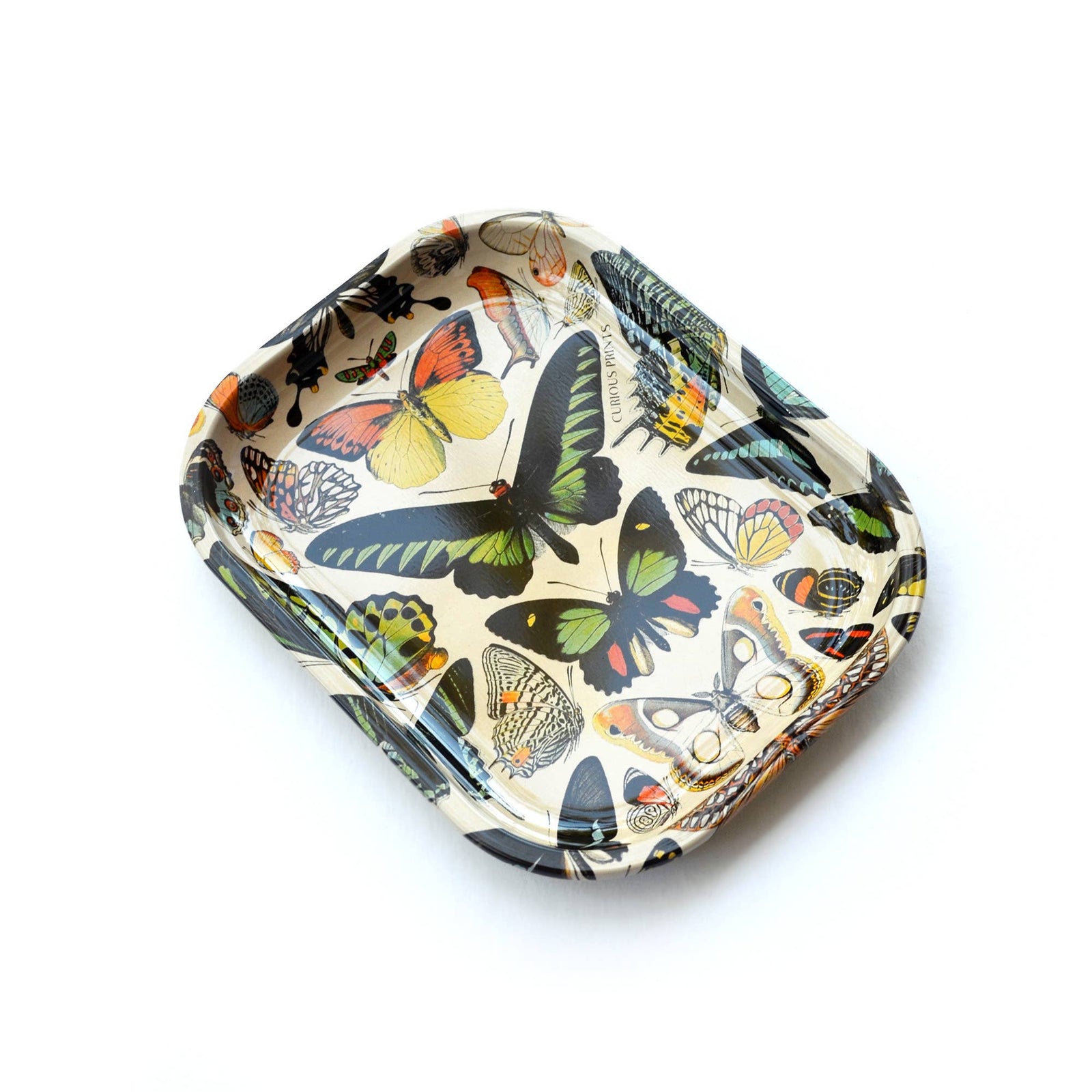 Small Metal Butterfly Tray | Vintage Butterflies Print Catch-all Rolling Tray | 5"x7"