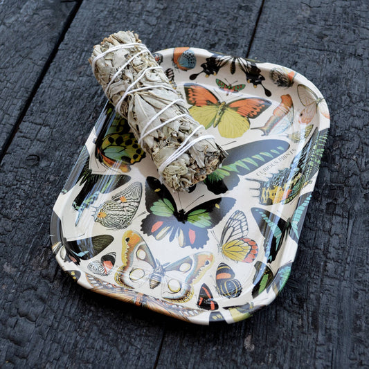 Small Metal Butterfly Tray | Vintage Butterflies Print Catch-all Rolling Tray | 5"x7"