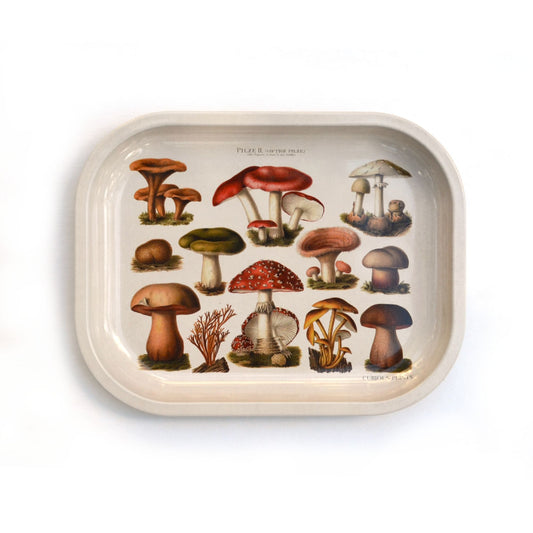 Small Metal Tan Mushroom Ritual Tray | Vintage Fungi Print Rolling Catch-all Tray | 5"x7"