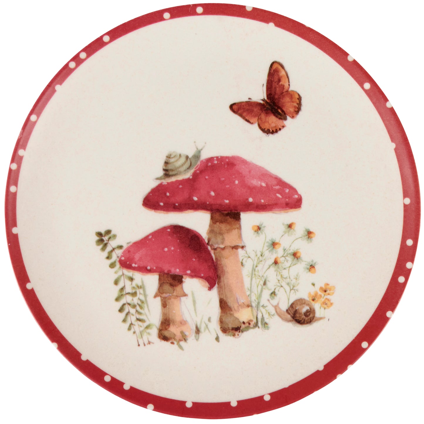 Round plate with red mushrooms, a butterfly, and snails on a white background