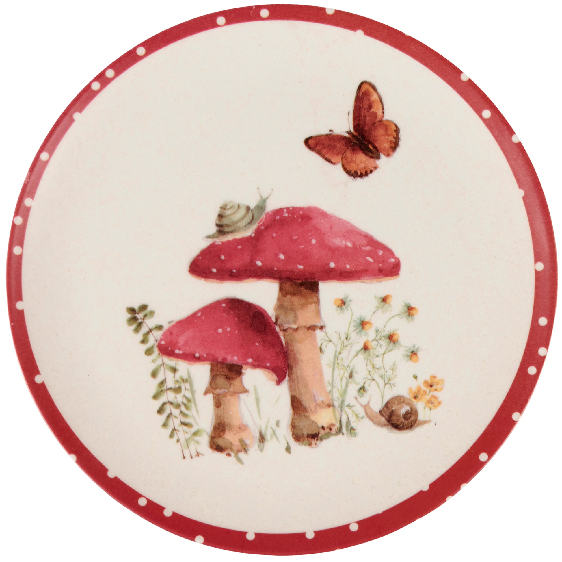 Round plate with red mushrooms, a butterfly, and snails on a white background
