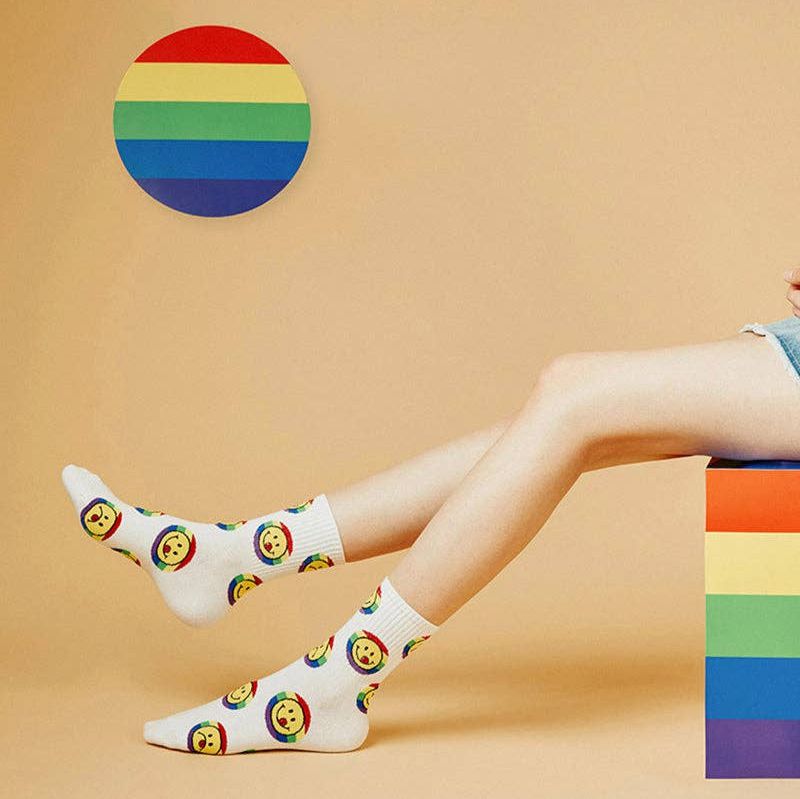 Smile Rainbow Women's Crew Socks in White | 80s Pride LGBTQ [Size 5-10]