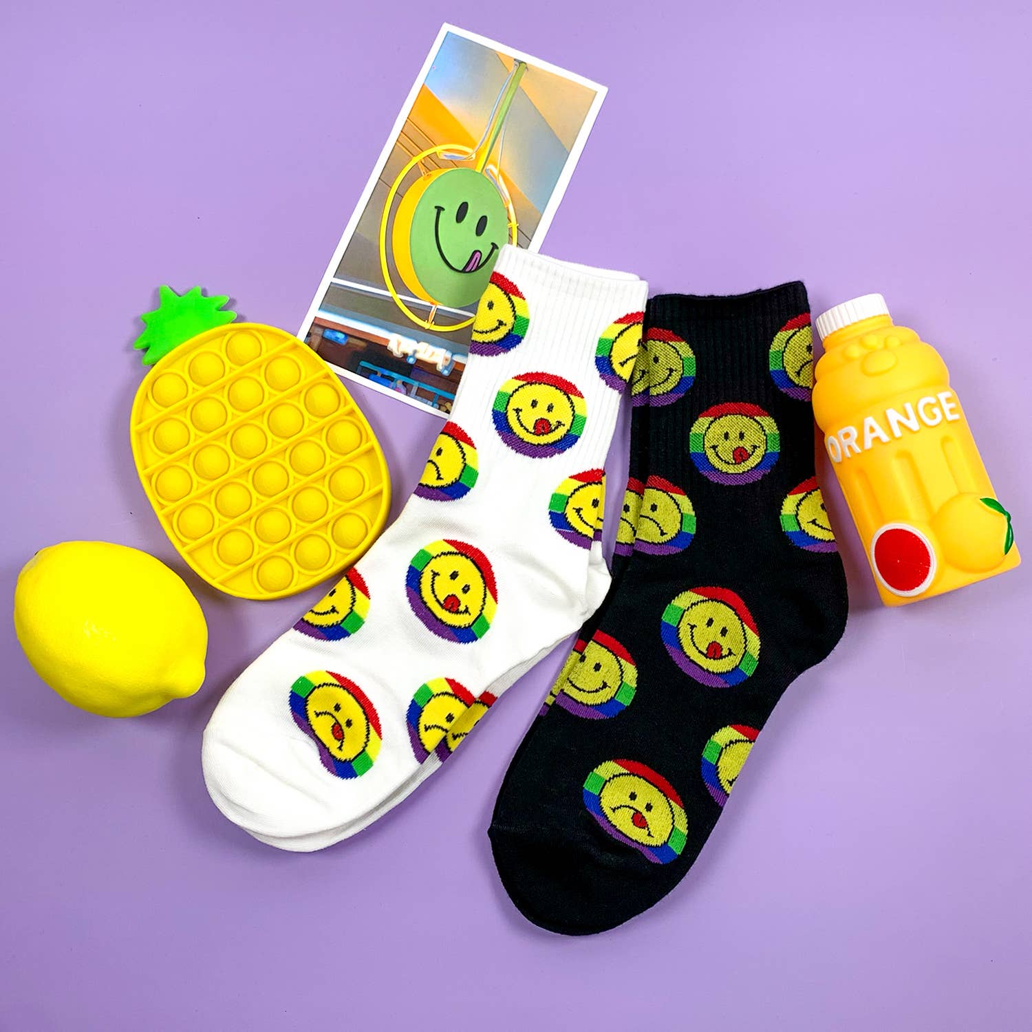 Smile Rainbow Women's Crew Socks in White | 80s Pride LGBTQ [Size 5-10]