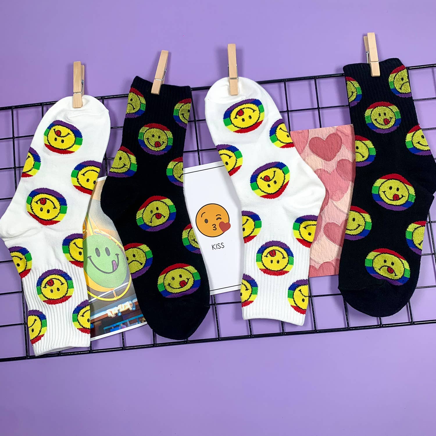 Smile Rainbow Women's Crew Socks in White | 80s Pride LGBTQ [Size 5-10]