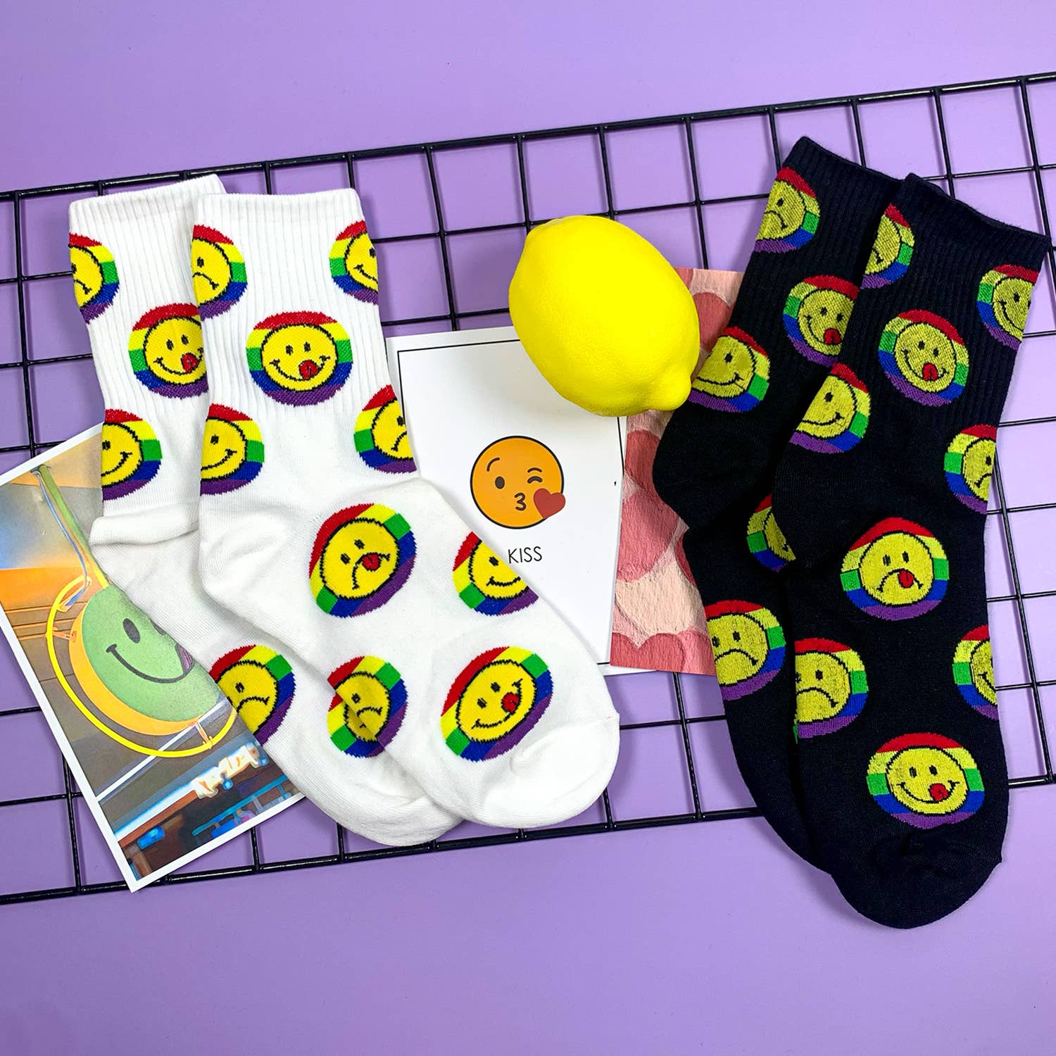 Smile Rainbow Women's Crew Socks in White | 80s Pride LGBTQ [Size 5-10]