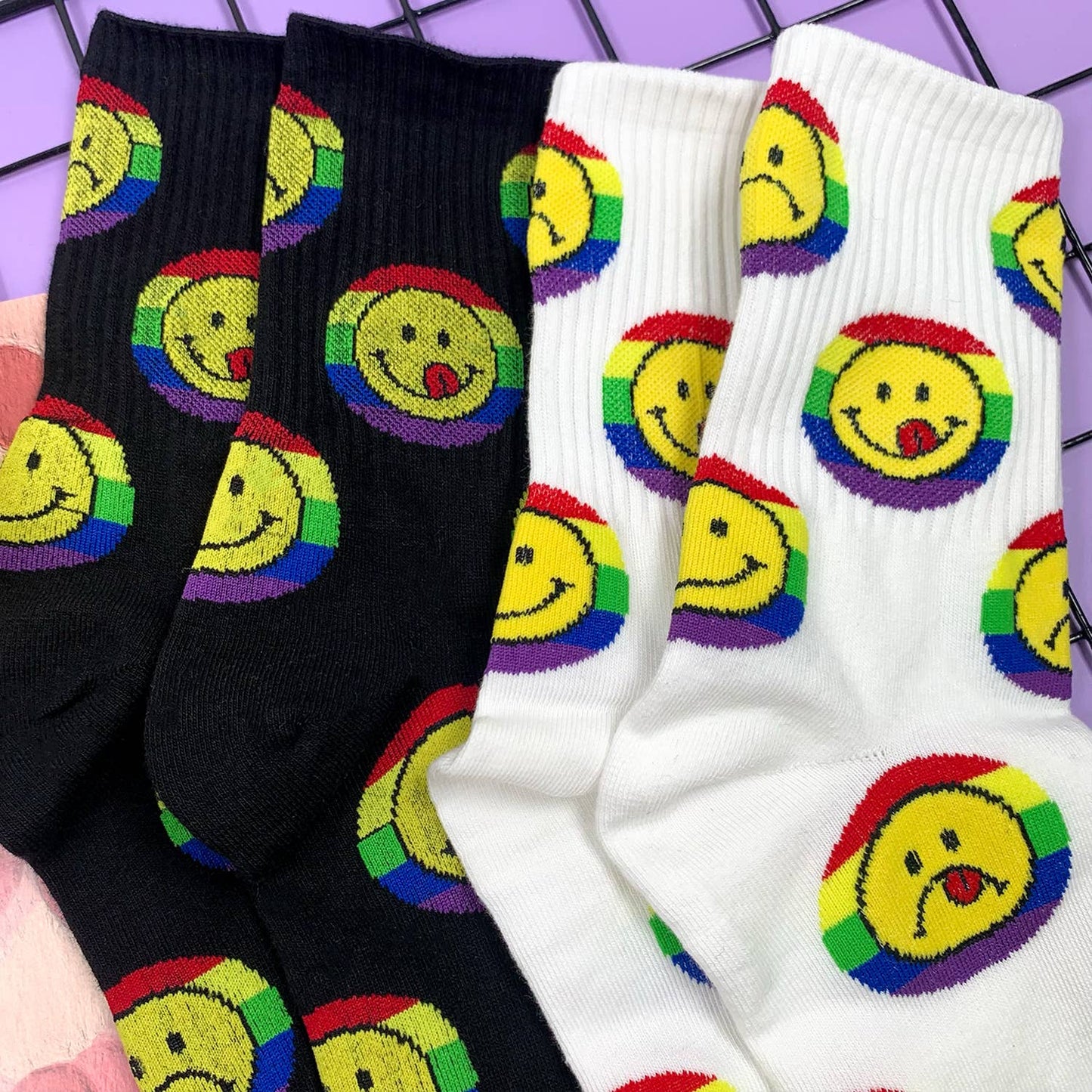 Smile Rainbow Women's Crew Socks in White | 80s Pride LGBTQ [Size 5-10]