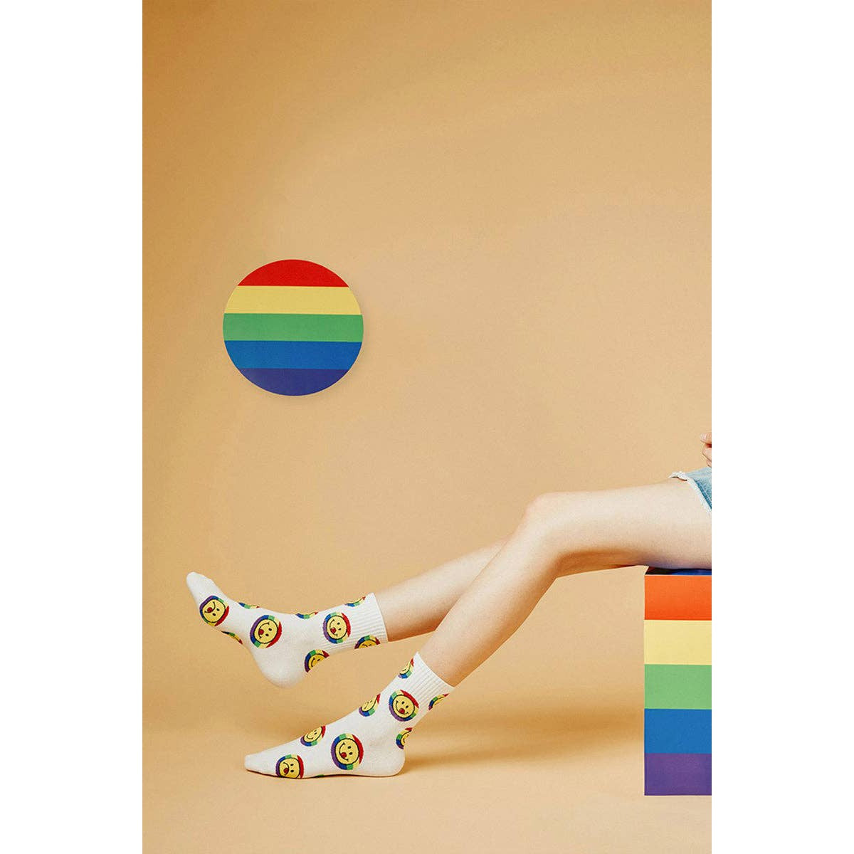 Smile Rainbow Women's Crew Socks in White | 80s Pride LGBTQ [Size 5-10]