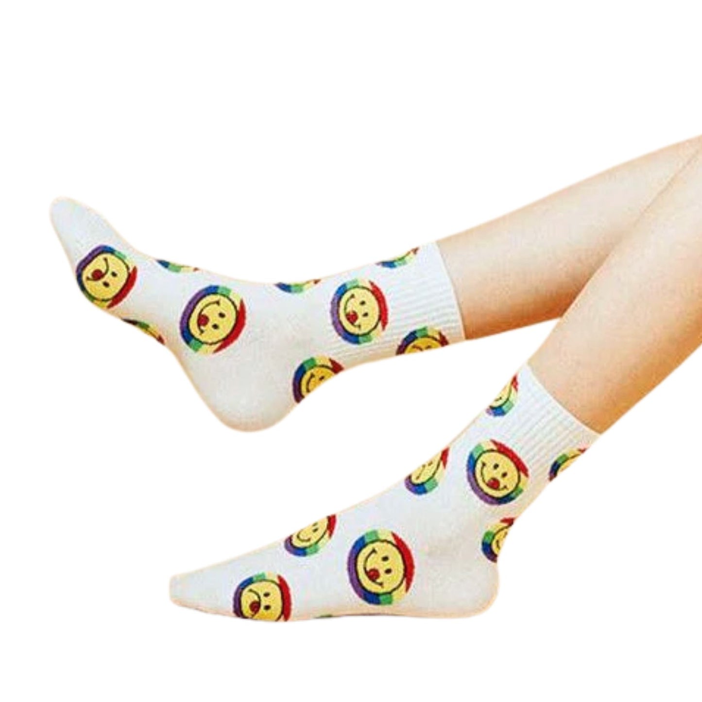 Smile Rainbow Women's Crew Socks in White | 80s Pride LGBTQ [Size 5-10]