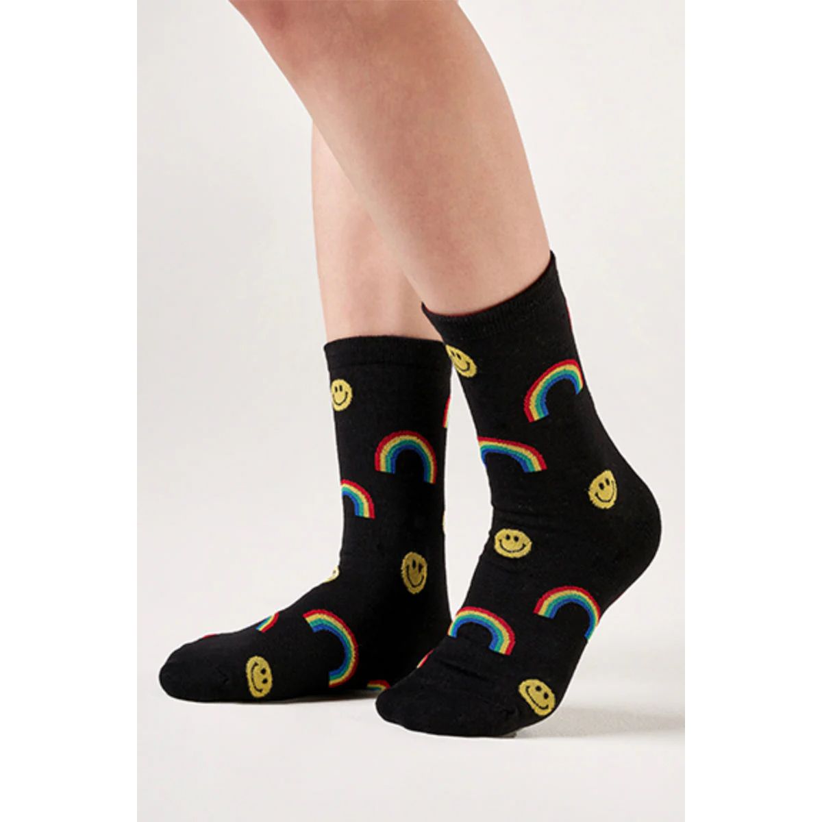 Smile and Rainbow Pattern Women's Crew Socks in Black | Gay Pride [Size 5-10]